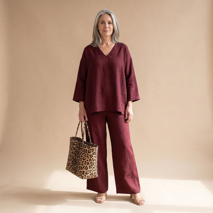 Women's Linen V-Neck Two Piece Set Wide-Leg Pants Outfit - Burgundy