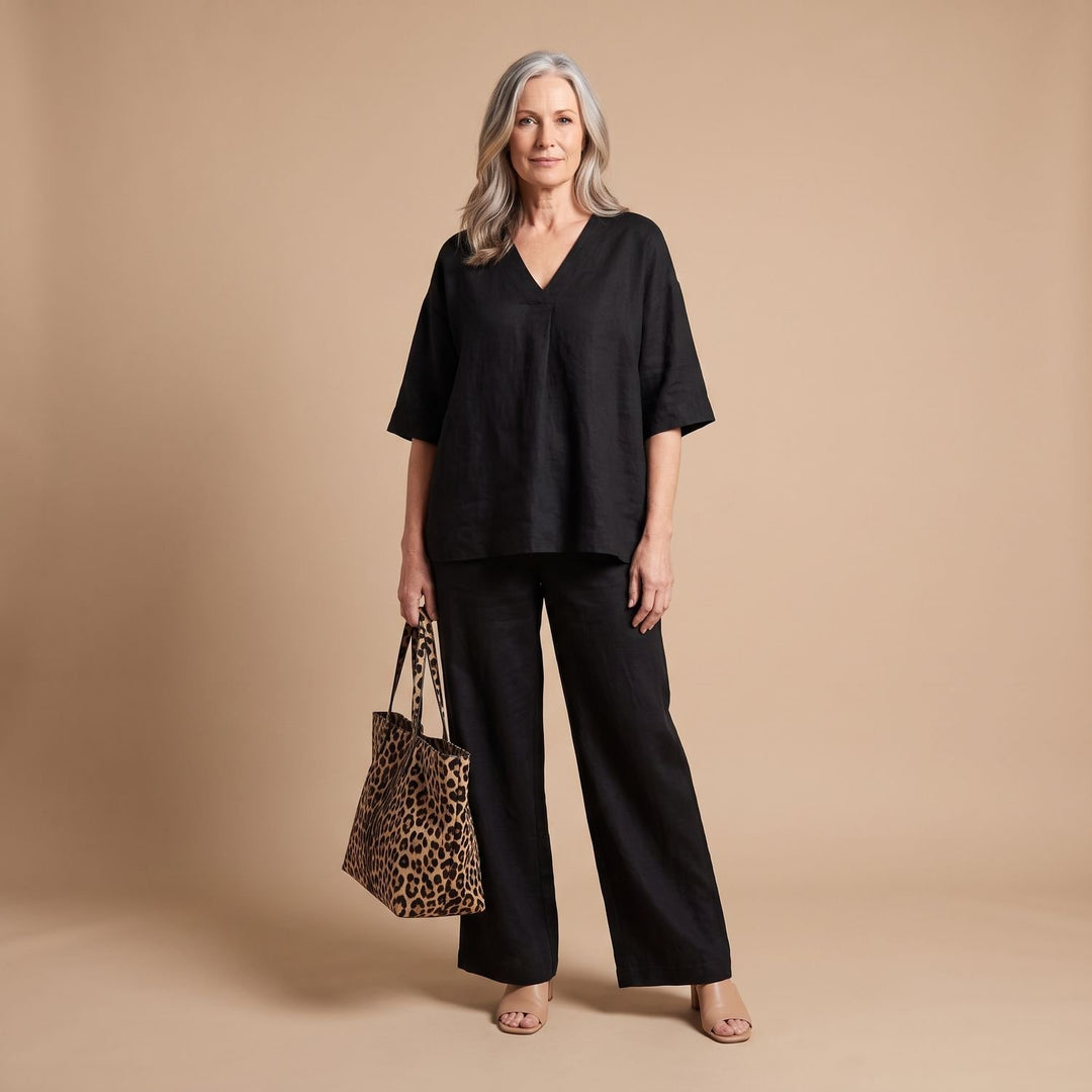 Women's Linen V-Neck Two Piece Set Wide-Leg Pants Outfit - Black