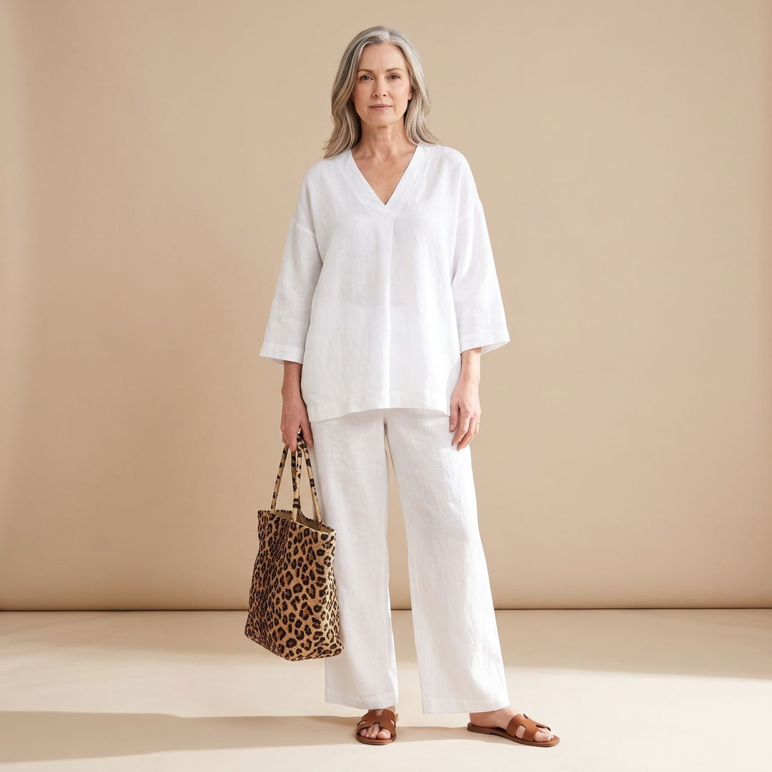 Women's Linen V-Neck Two Piece Set Wide-Leg Pants Outfit - White