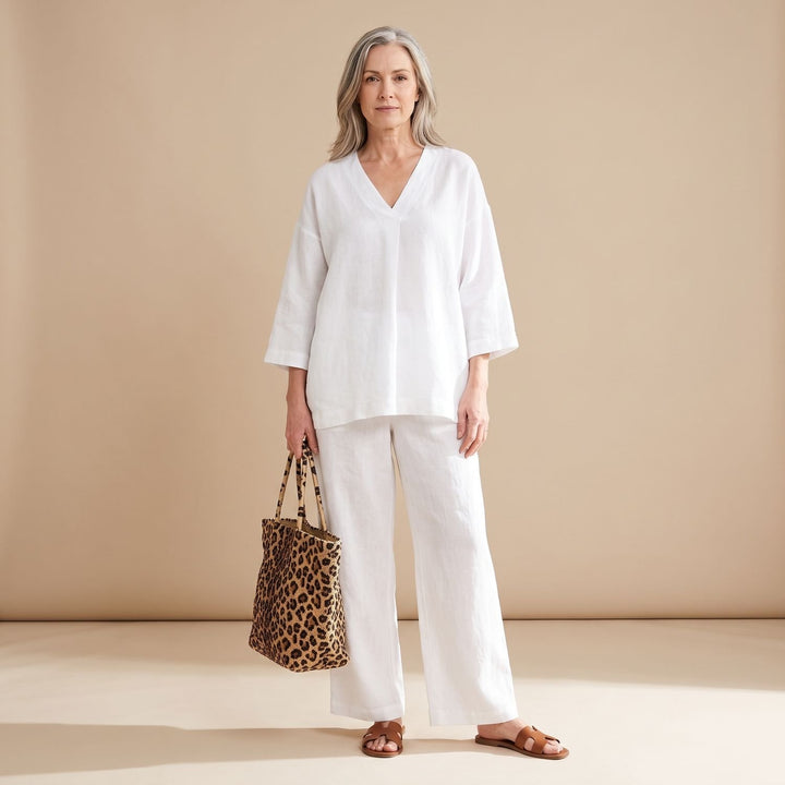 Women's Linen V-Neck Two Piece Set Wide-Leg Pants Outfit - White