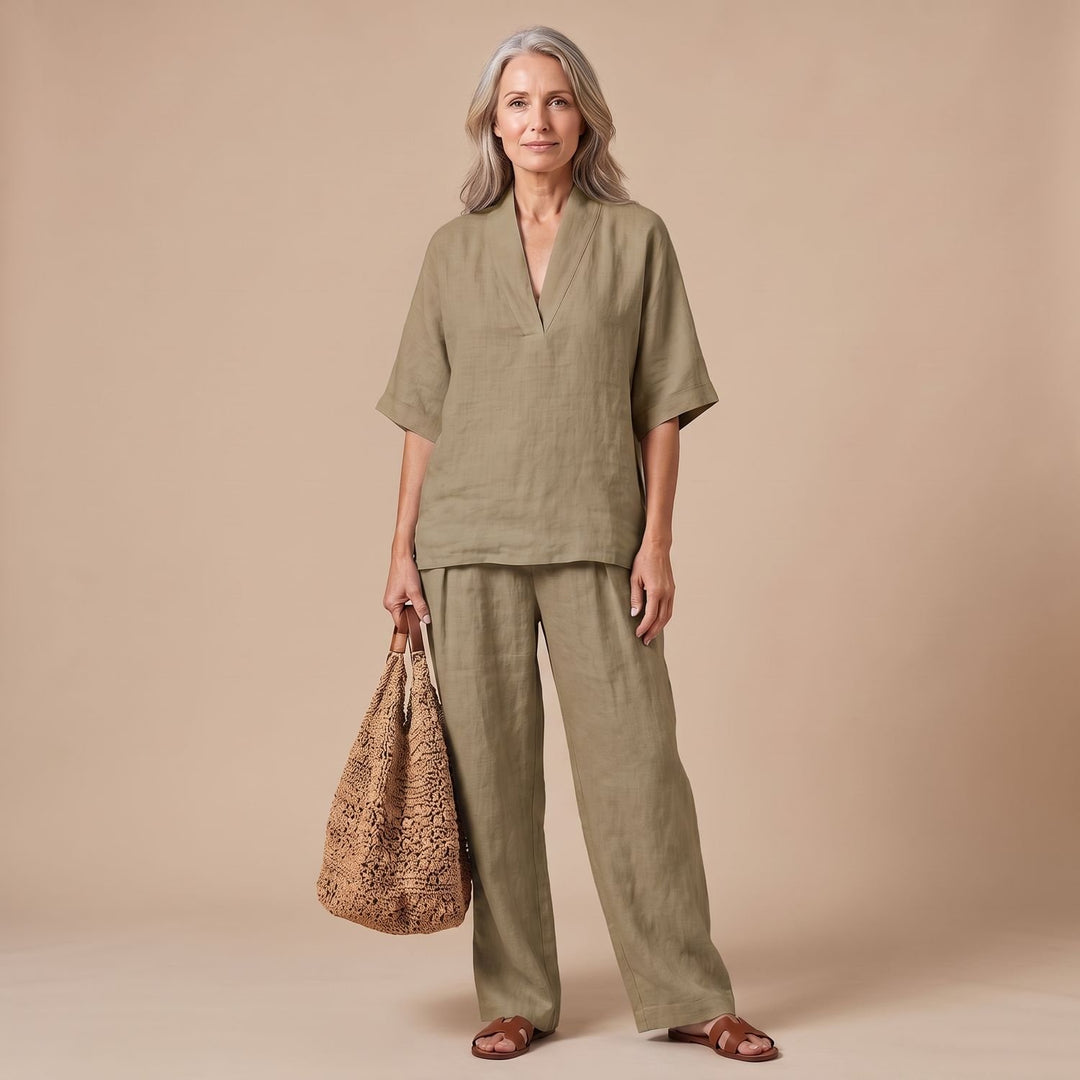 Women's Linen V-Neck Two Piece Set Wide-Leg Pants Outfit - Beige