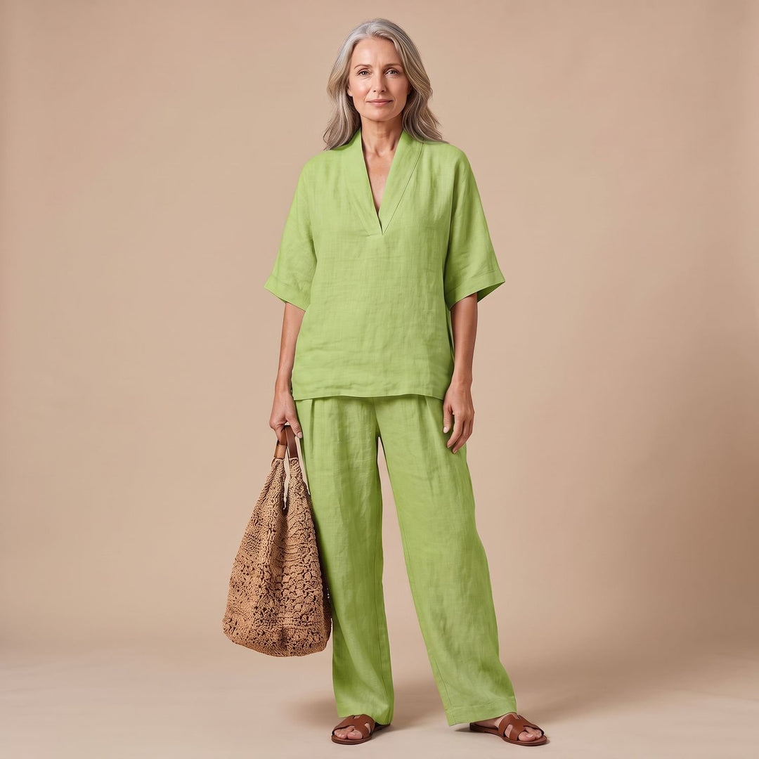 Women's Linen V-Neck Two Piece Set Wide-Leg Pants Outfit - Green