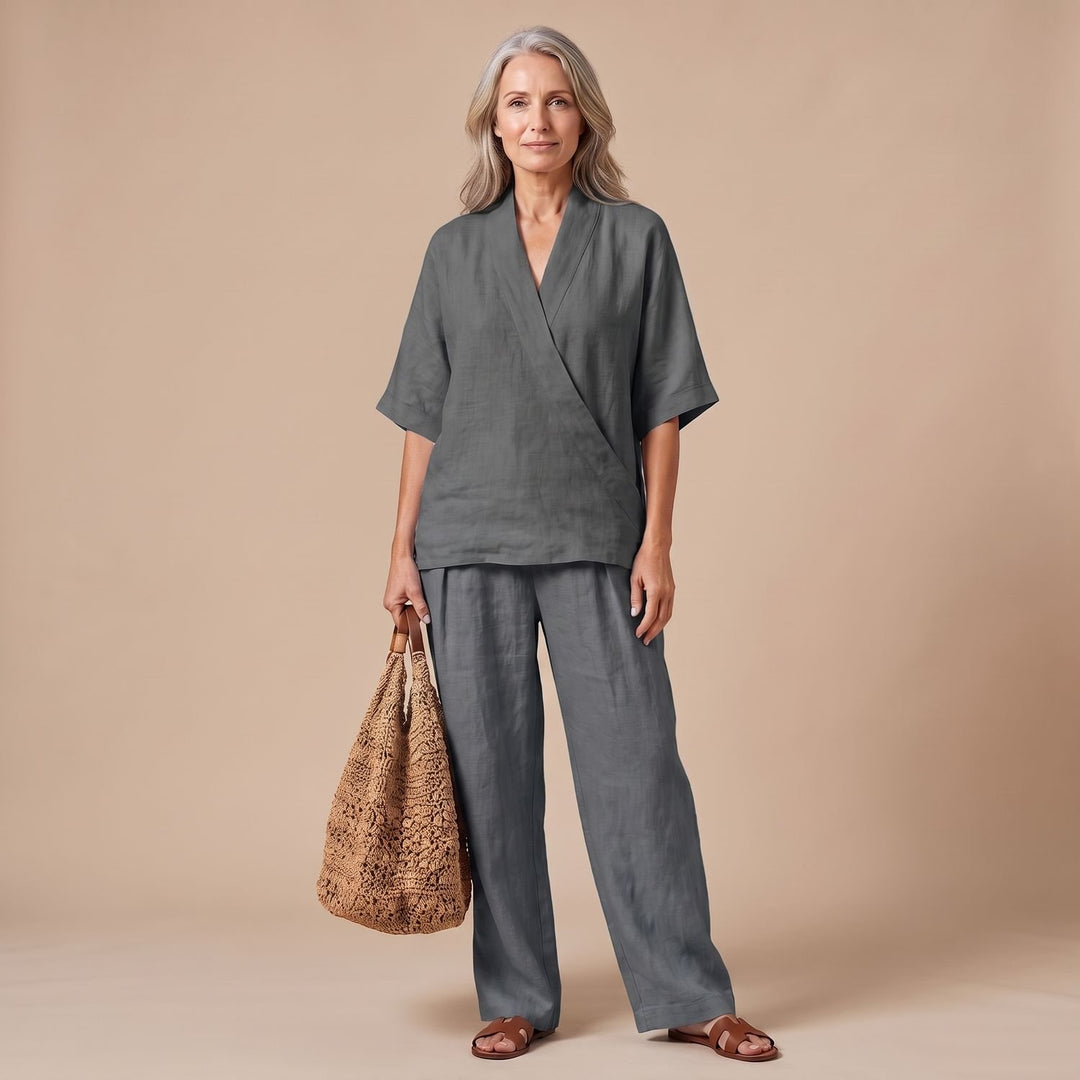 Women's Linen V-Neck Two Piece Set Wide-Leg Pants Outfit