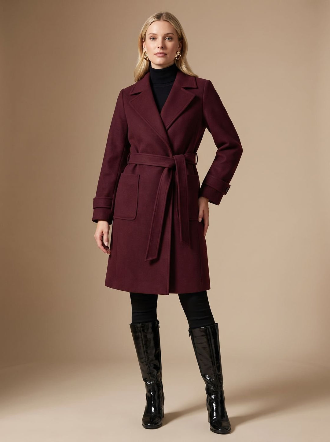 Women's Long Belted Wrap Winter Coat - Burgundy