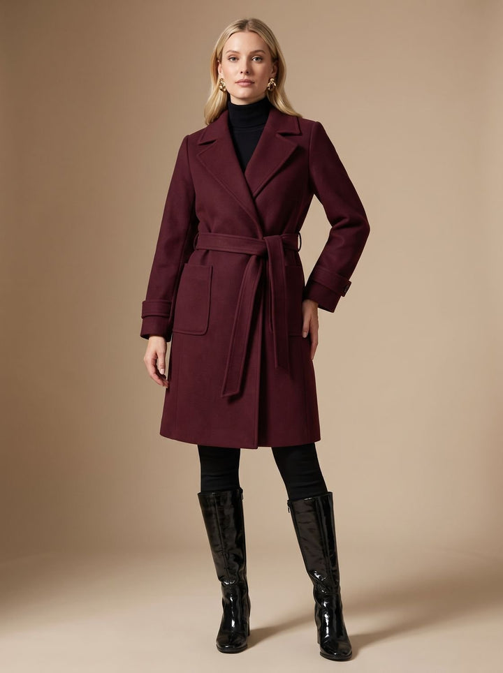 Women's Long Belted Wrap Winter Coat - Burgundy