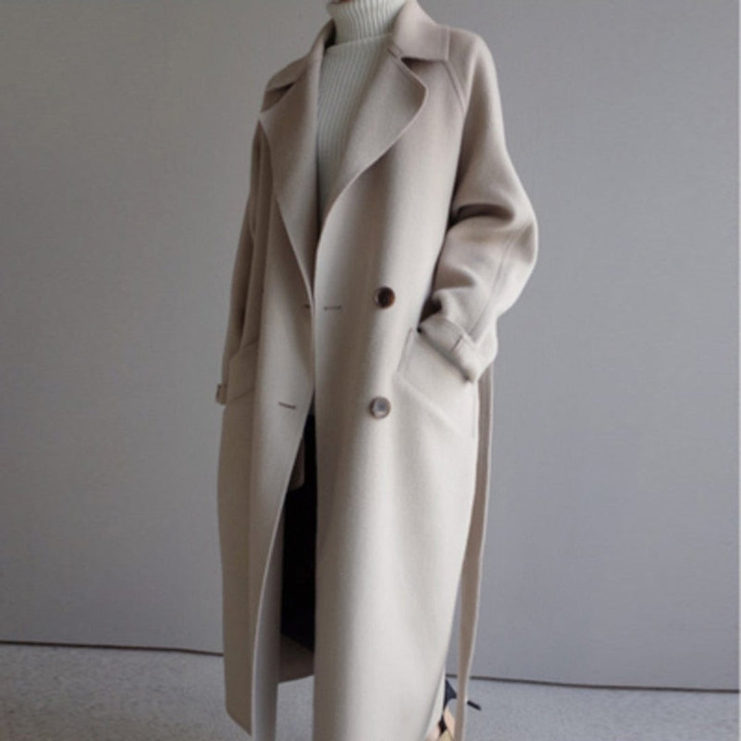 Women's Long Double-Breasted Cashmere Blend Coat - Off-White