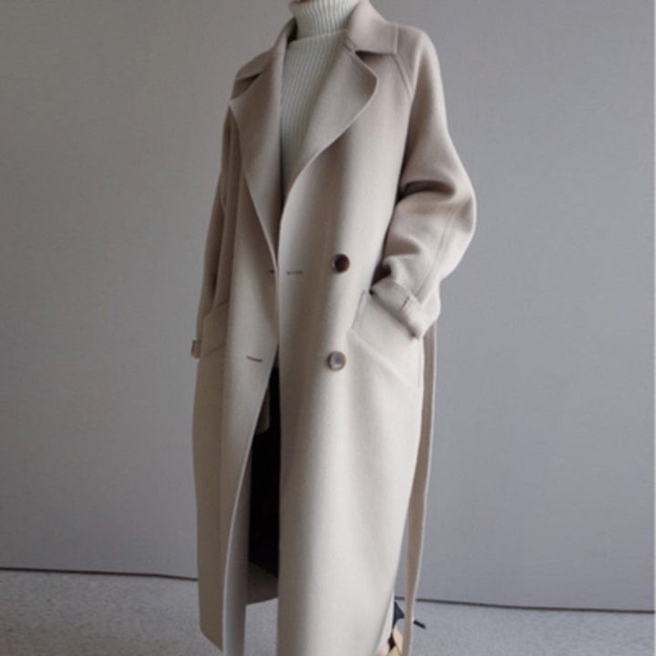 Women's Long Double-Breasted Cashmere Blend Coat - Off-White