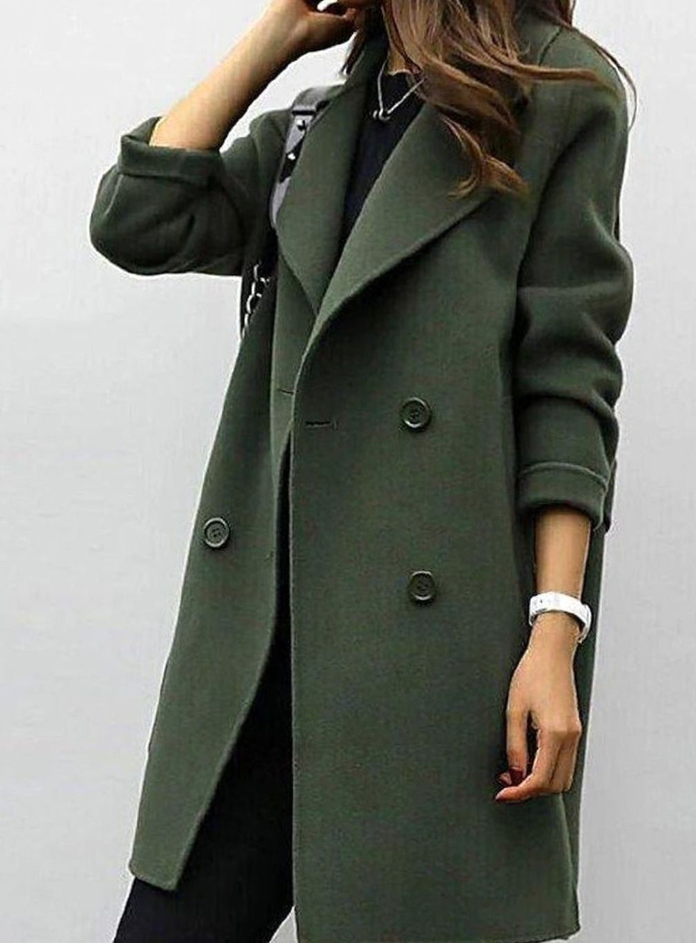 Women's Long Double-Breasted Lapel Winter Coat - Olive Green