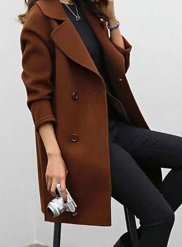 Women's Long Double-Breasted Lapel Winter Coat - Brown