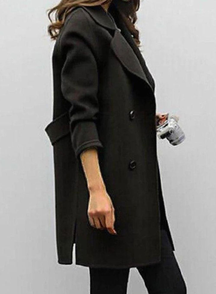 Women's Long Double-Breasted Lapel Winter Coat - Black