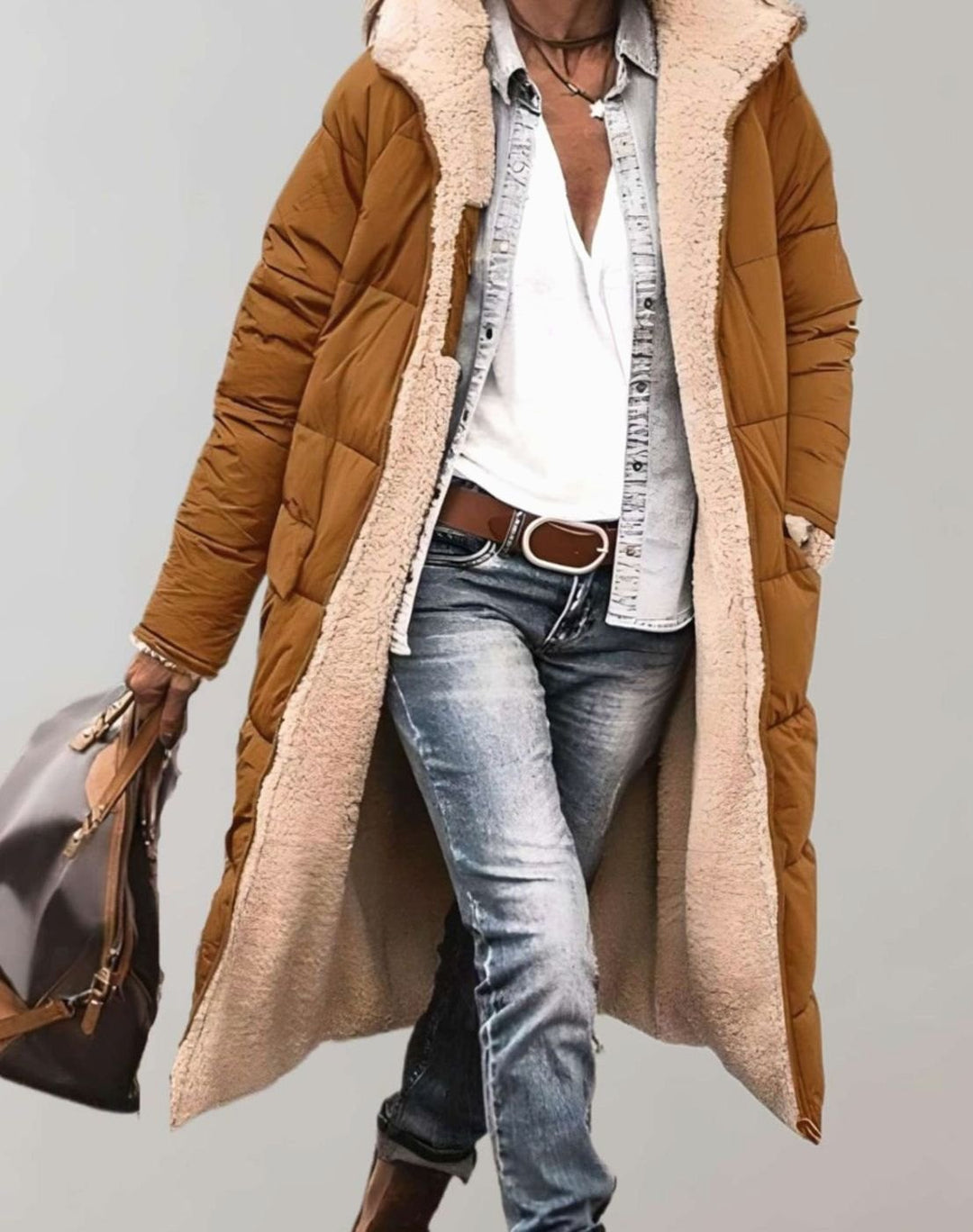 Women's Long Fleece-Lined Hooded Quilted Coat - Brown