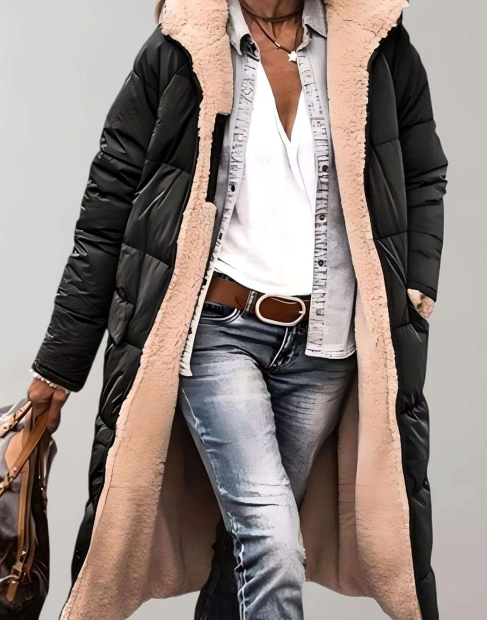 Women's Long Fleece-Lined Hooded Quilted Coat - Black