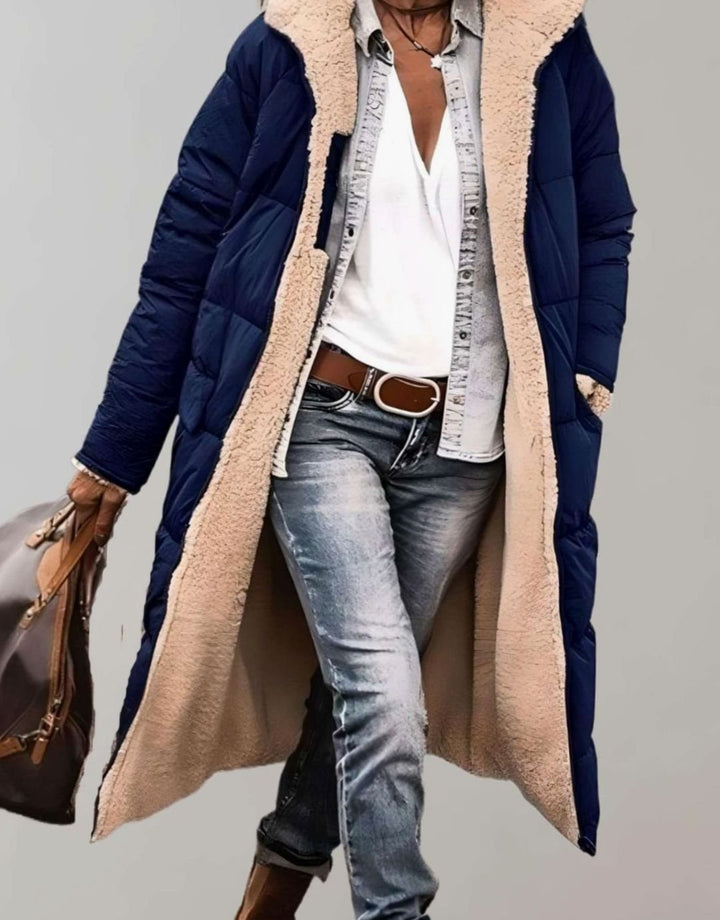 Women's Long Fleece-Lined Hooded Quilted Coat - Navy Blue