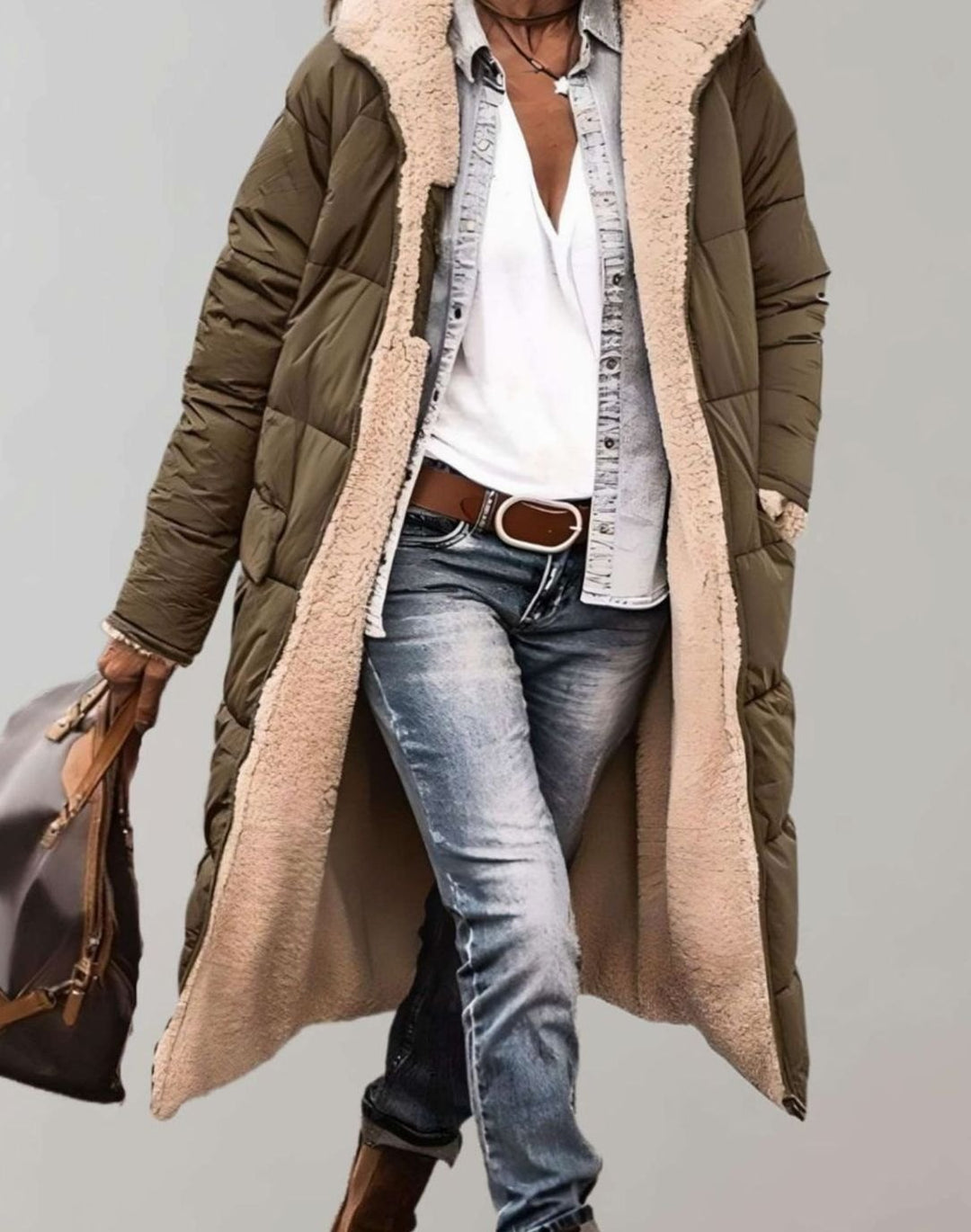Women's Long Fleece-Lined Hooded Quilted Coat - Army