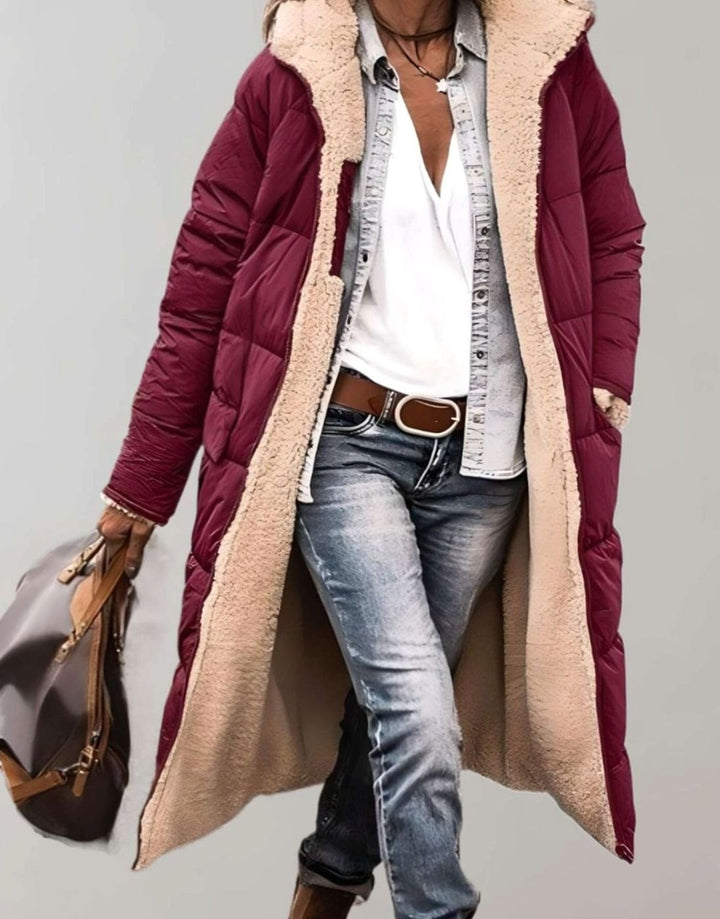Women's Long Fleece-Lined Hooded Quilted Coat - Red