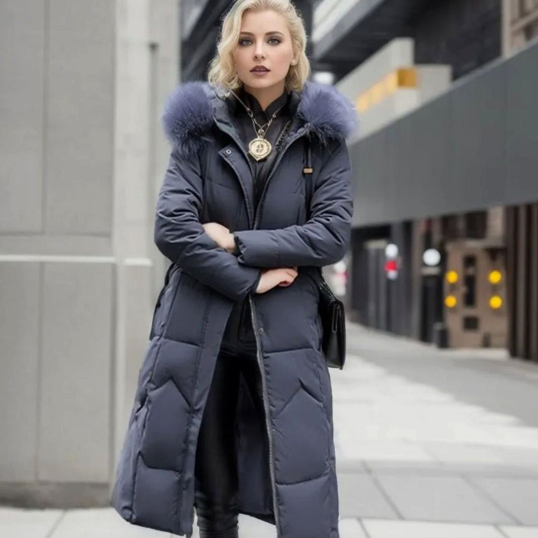 Women's Long Hooded Faux Fur Trim Quilted Coat - Gray