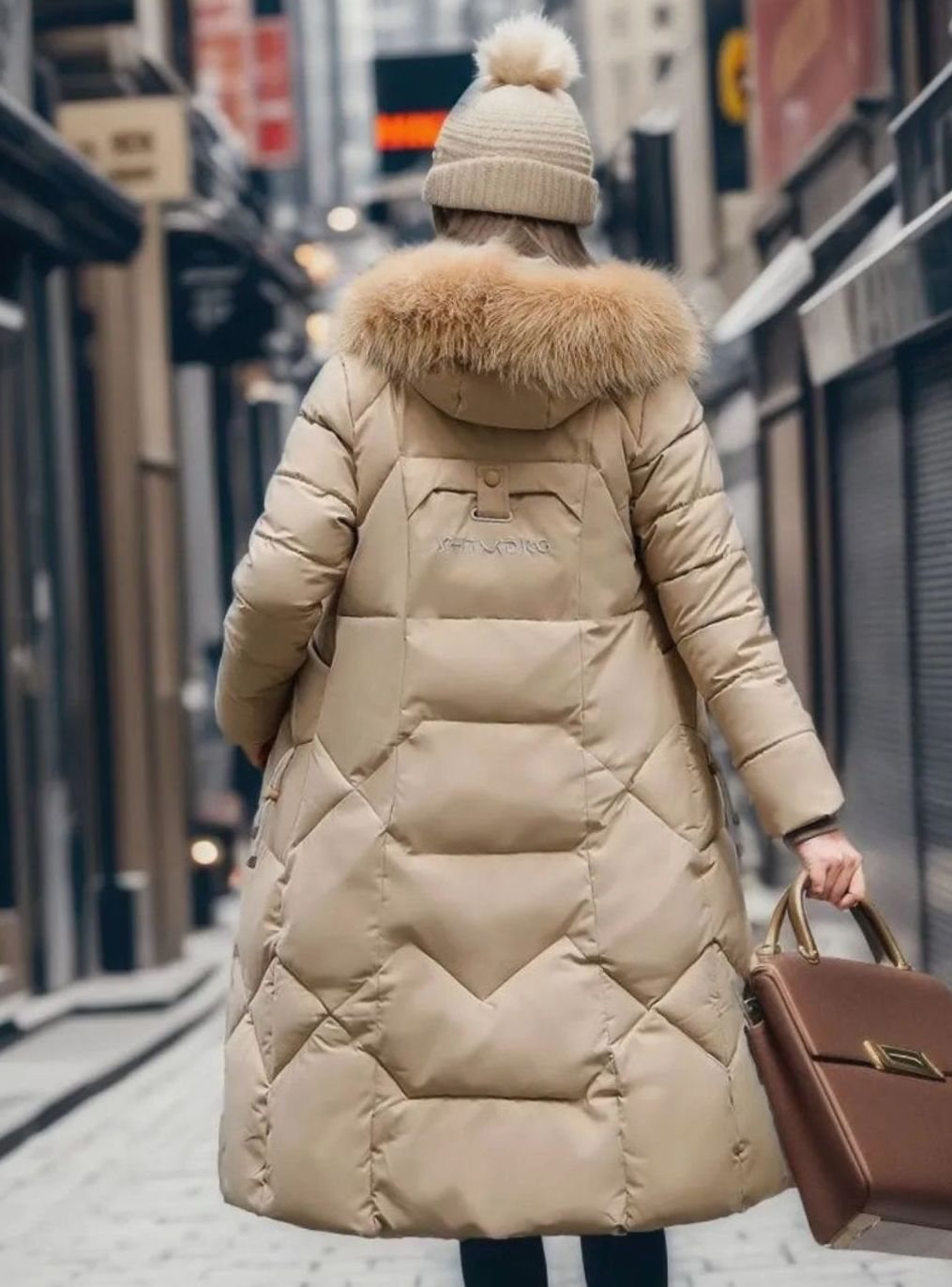Women's Long Hooded Faux Fur Trim Quilted Coat