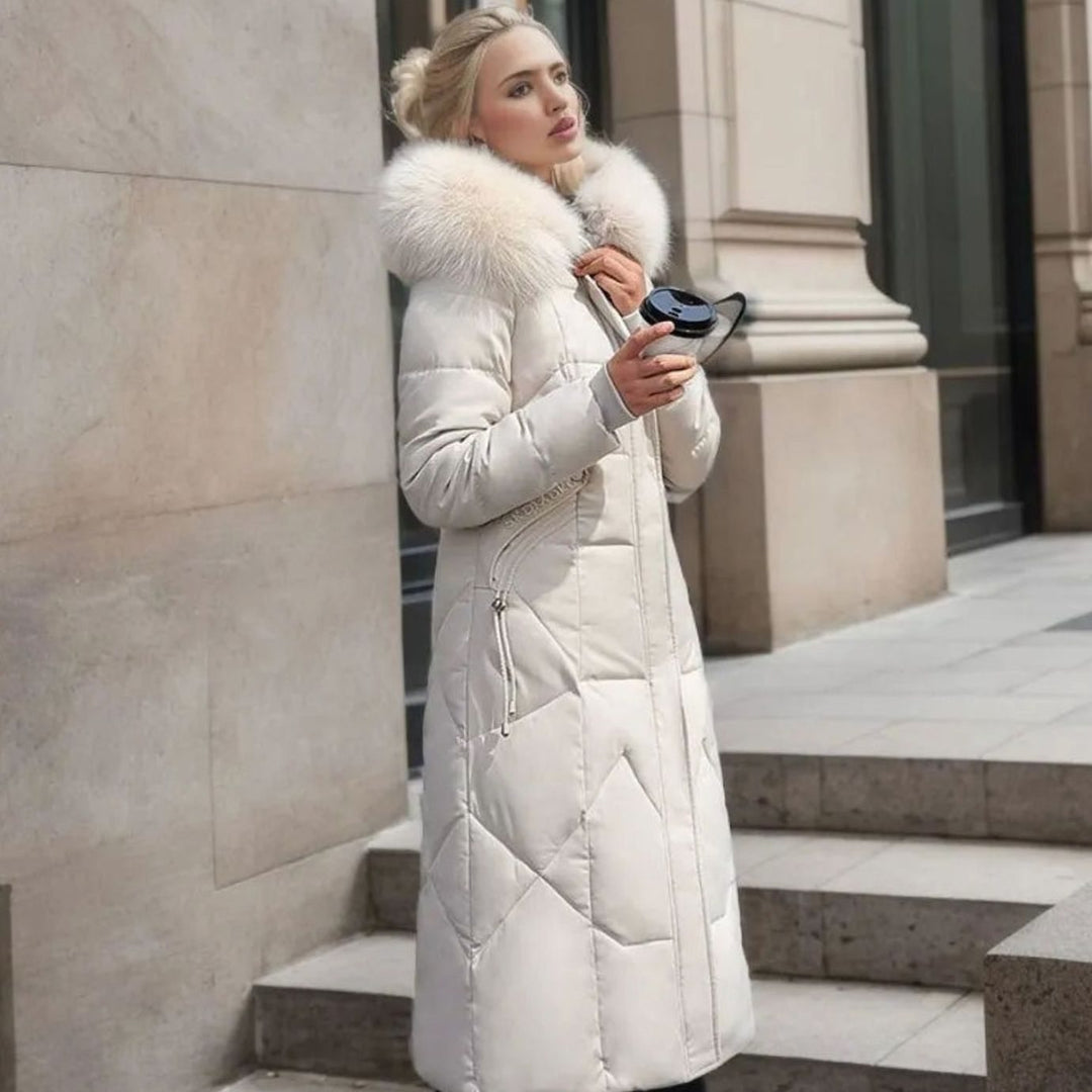 Women's Long Hooded Faux Fur Trim Quilted Coat