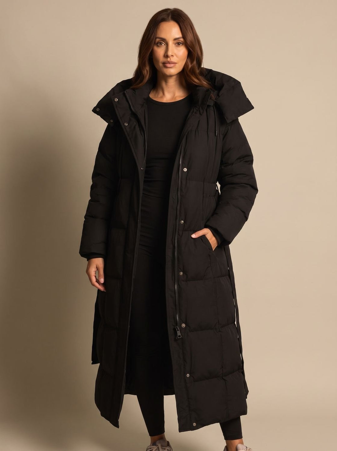Women's Long Hooded Puffer Coat Belted Longline Winter Jacket - Black