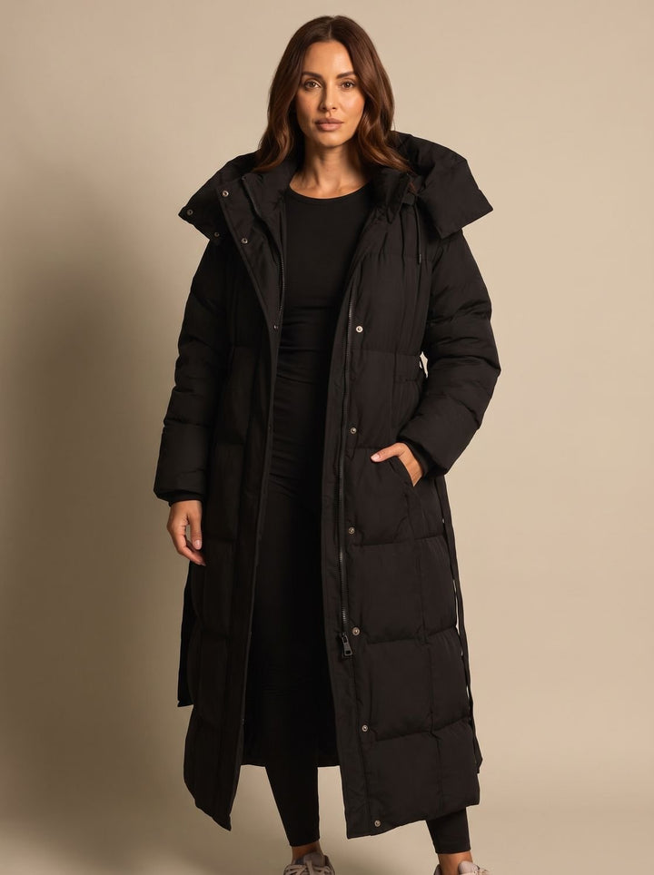 Women's Long Hooded Puffer Coat Belted Longline Winter Jacket - Black