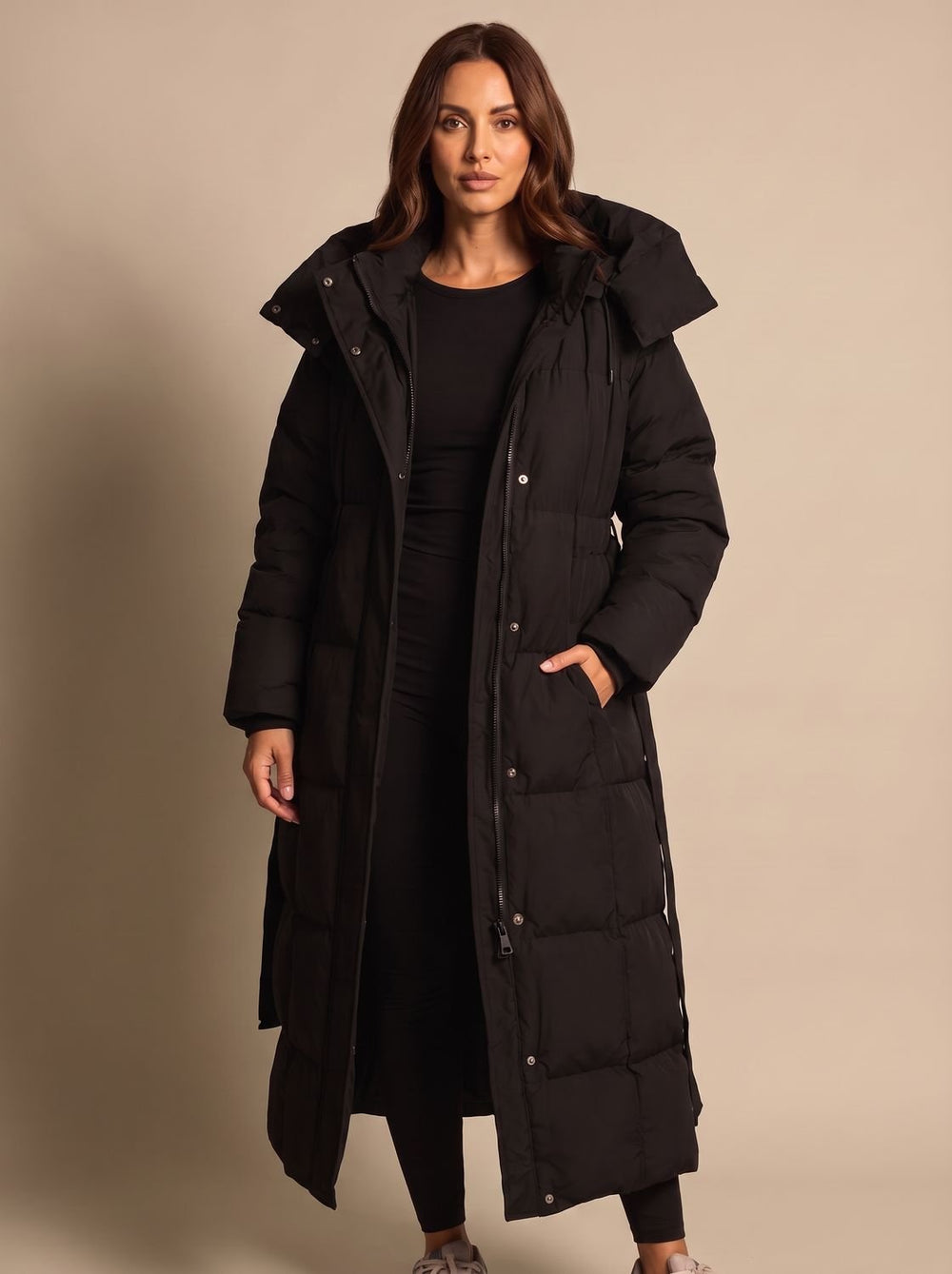 Women's Long Hooded Puffer Coat Belted Longline Winter Jacket