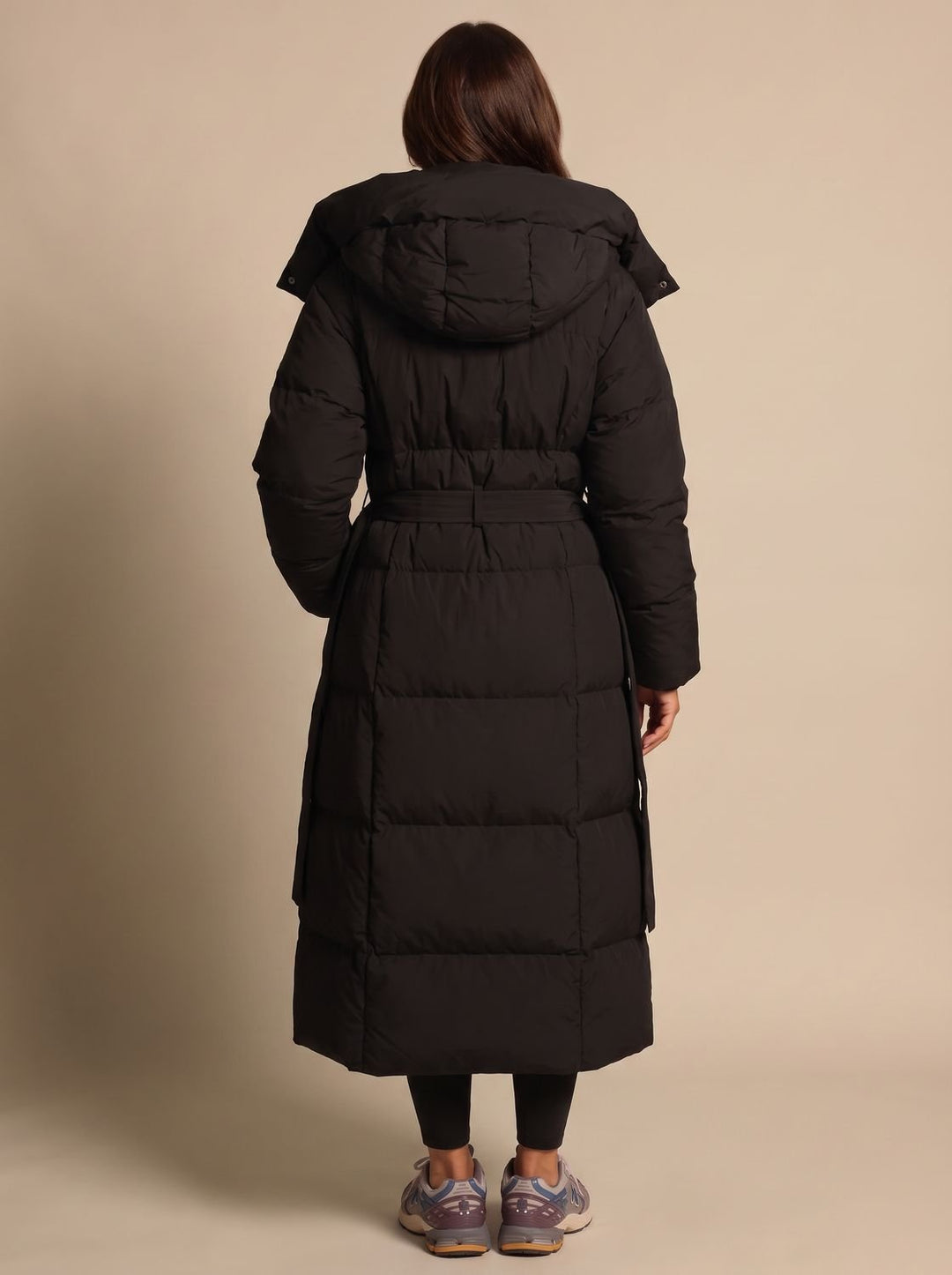 Women's Long Hooded Puffer Coat Belted Longline Winter Jacket