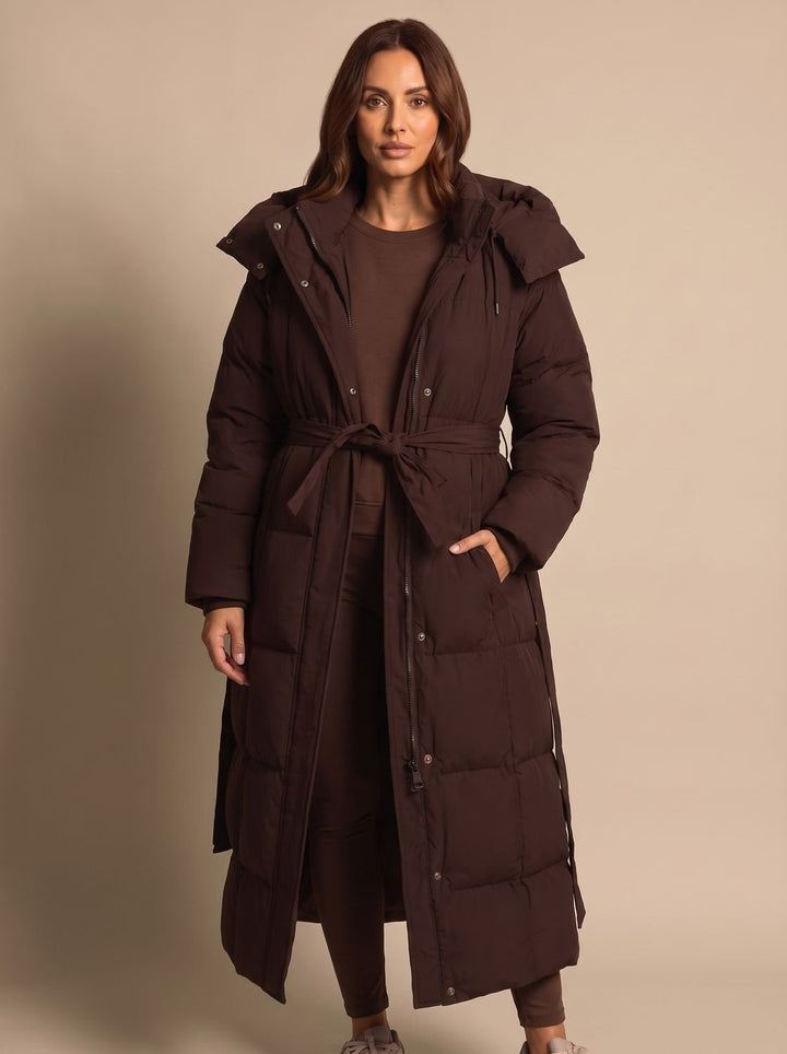 Women's Long Hooded Puffer Coat Belted Longline Winter Jacket - Brown