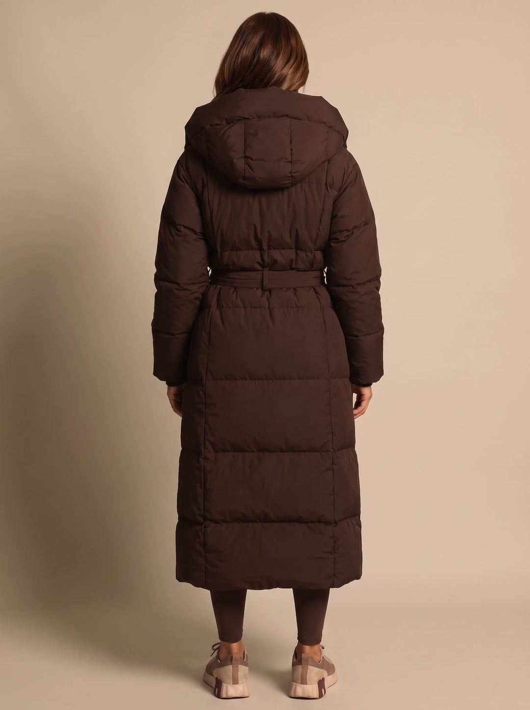 Women's Long Hooded Puffer Coat Belted Longline Winter Jacket