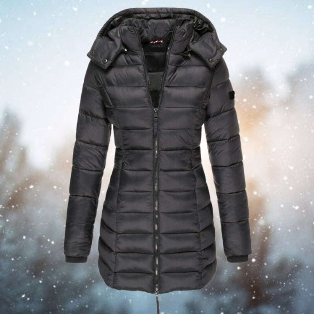 Women's Long Hooded Puffer Quilted Jacket Zip-Up Winter Coat - Black