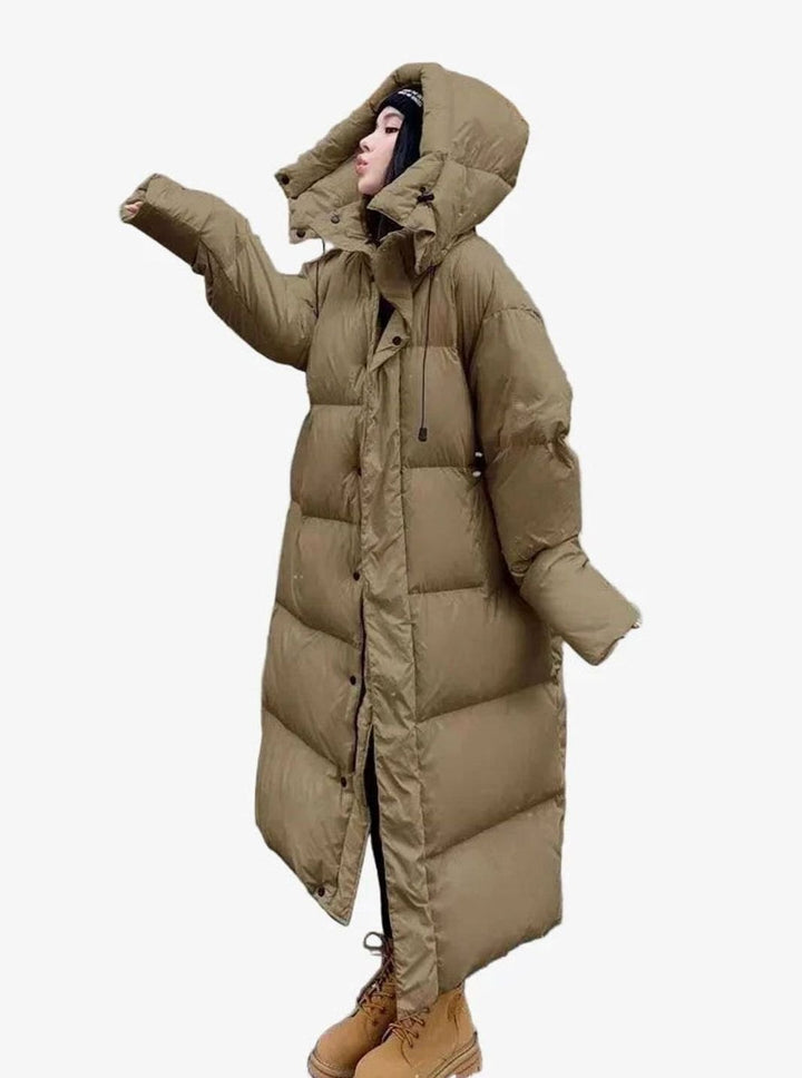 Women's Long Hooded Quilted Oversized Puffer Coat - Khaki
