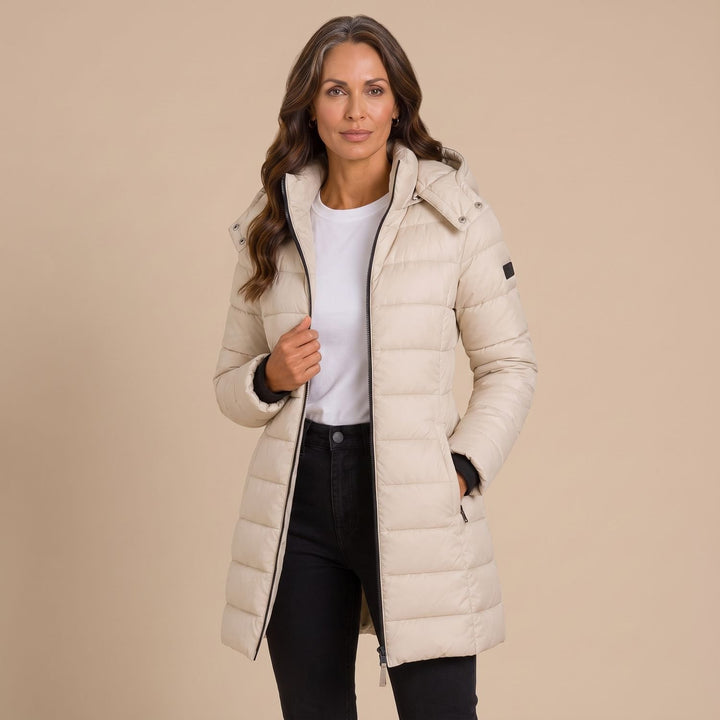 Women's Long Hooded Quilted Puffer Jacket Insulated Winter Coat - Beige