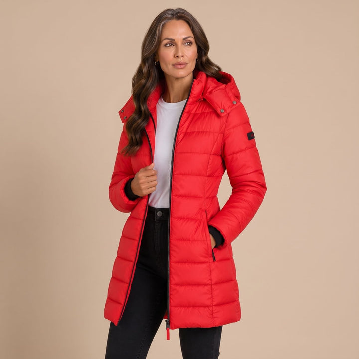 Women's Long Hooded Quilted Puffer Jacket Insulated Winter Coat - Red