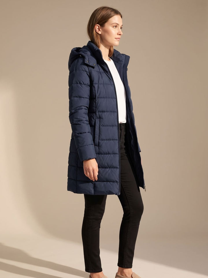 Women's Long Hooded Quilted Puffer Jacket with Full-Zip - Navy