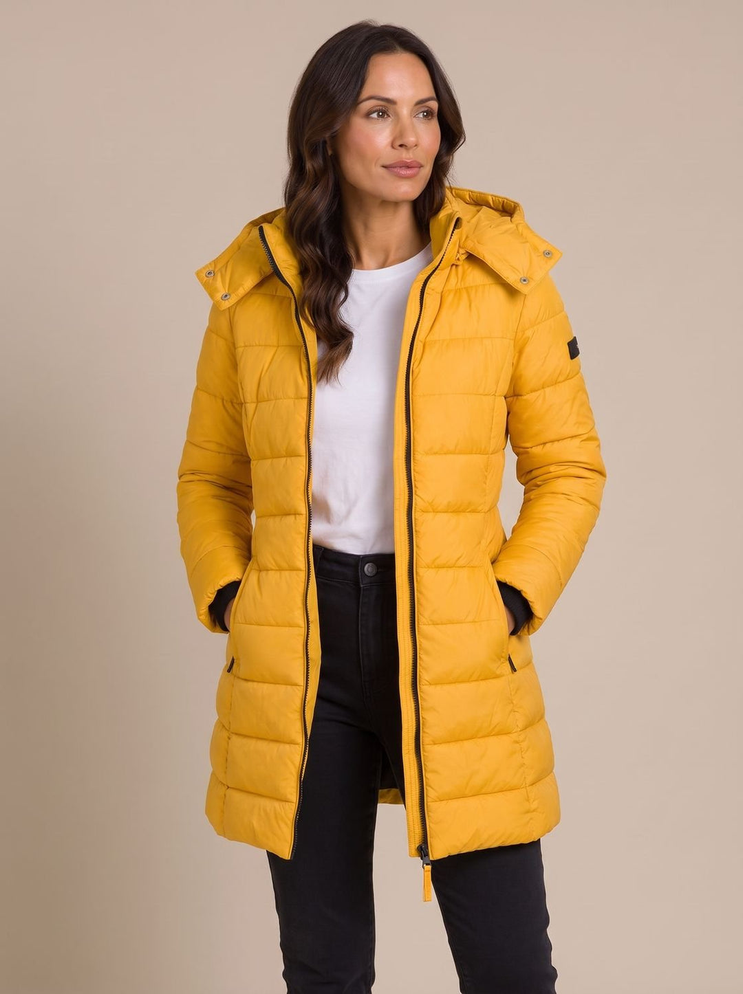 Women's Long Hooded Quilted Puffer Jacket with Full-Zip - Yellow