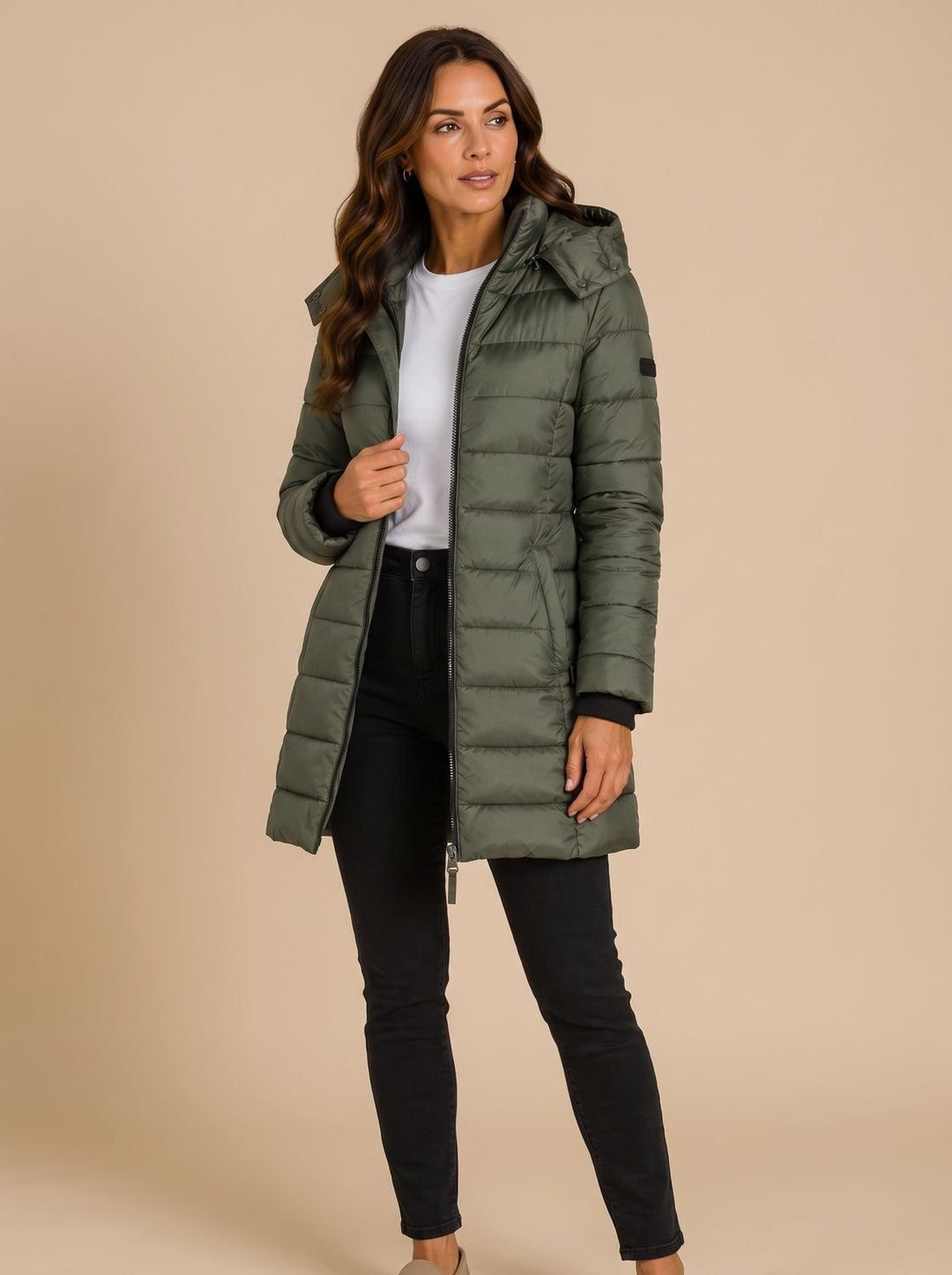 Women's Long Hooded Quilted Puffer Jacket with Full-Zip - Green