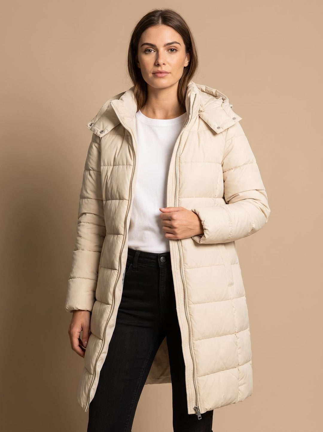 Women's Long Hooded Quilted Puffer Jacket with Full-Zip - Beige