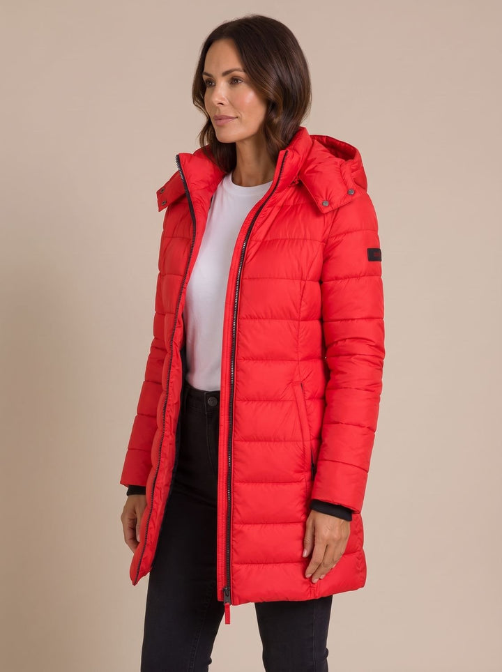 Women's Long Hooded Quilted Puffer Jacket with Full-Zip - Red