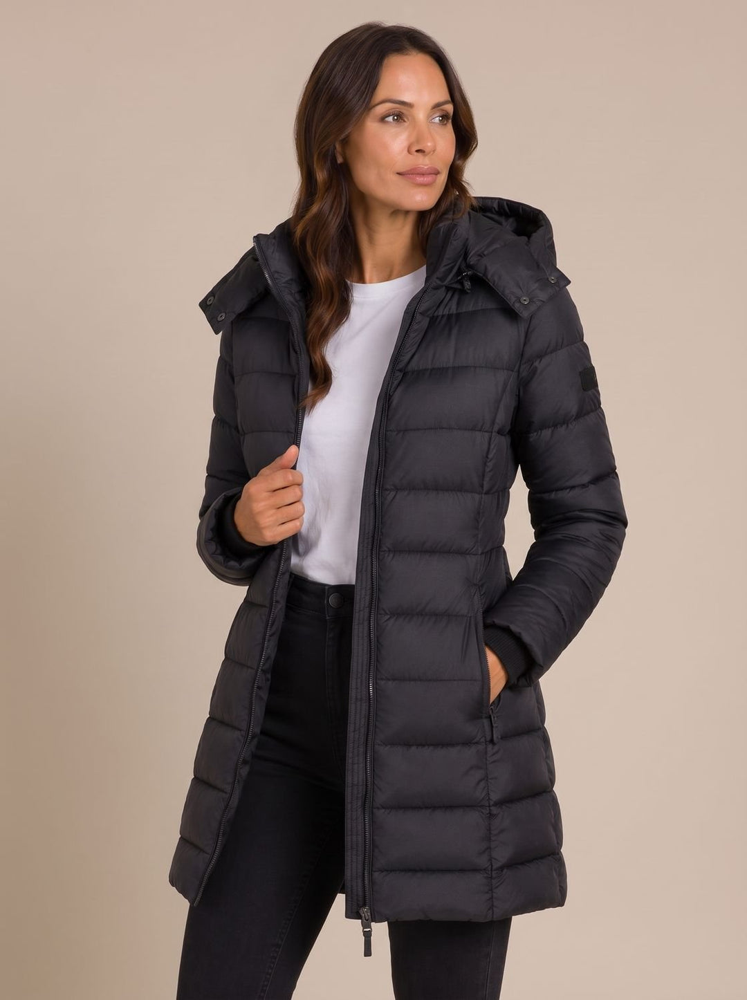 Women's Long Hooded Quilted Puffer Jacket with Full-Zip - Black