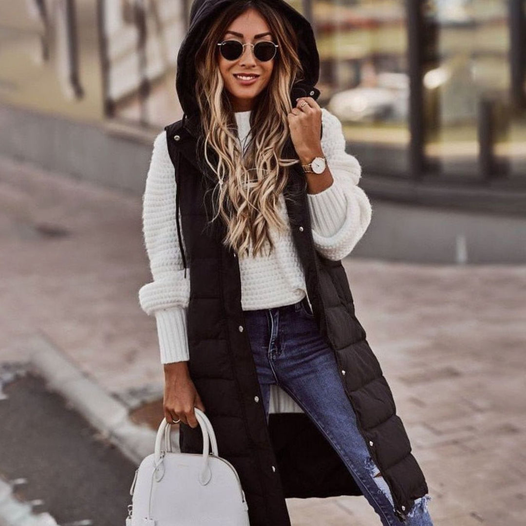 Women's Long Hooded Quilted Puffer Vest Sleeveless Winter Vest - Black