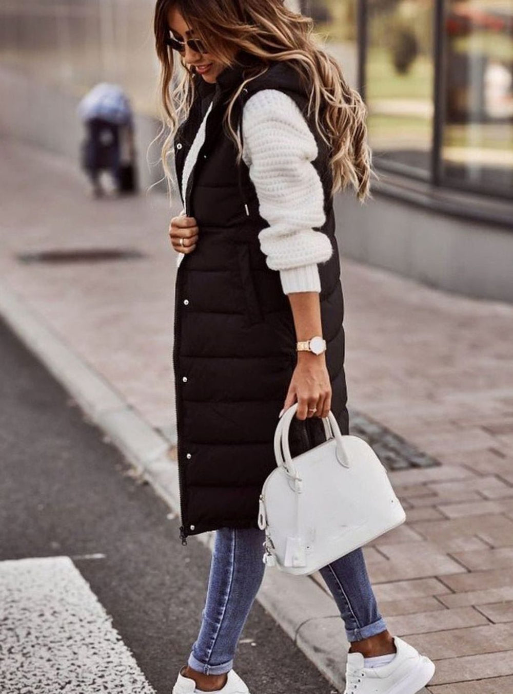Women's Long Hooded Quilted Puffer Vest Sleeveless Winter Vest