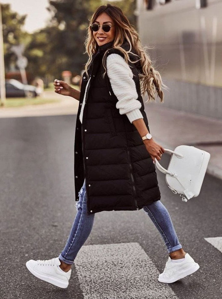 Women's Long Hooded Quilted Puffer Vest Sleeveless Winter Vest