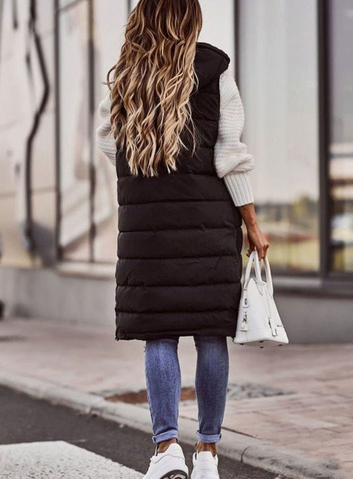 Women's Long Hooded Quilted Puffer Vest Sleeveless Winter Vest