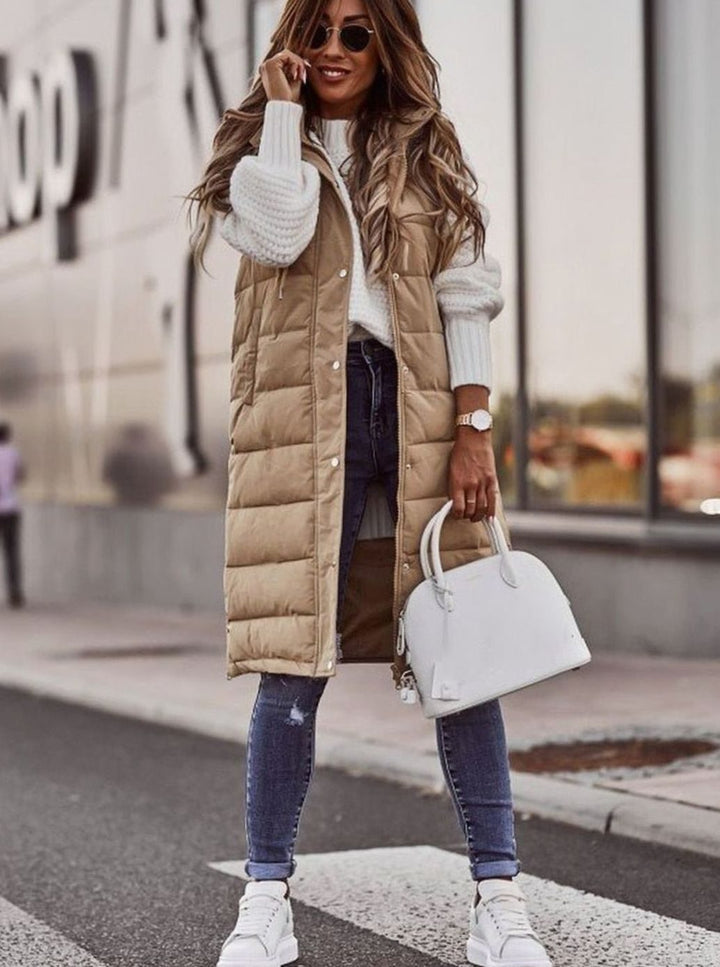 Women's Long Hooded Quilted Puffer Vest Sleeveless Winter Vest - Beige