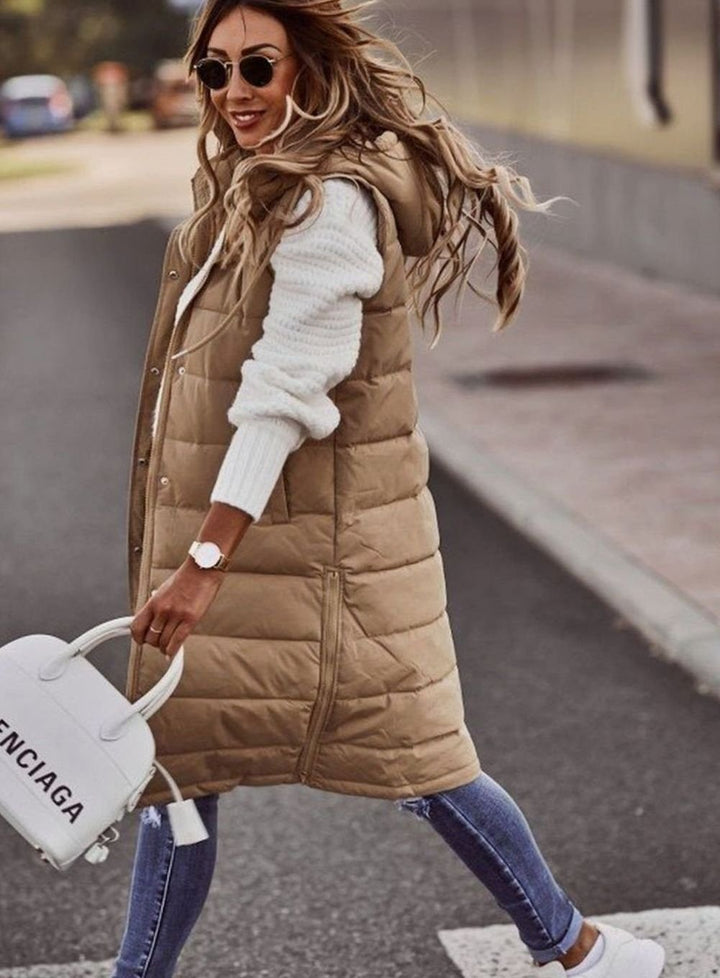 Women's Long Hooded Quilted Puffer Vest Sleeveless Winter Vest