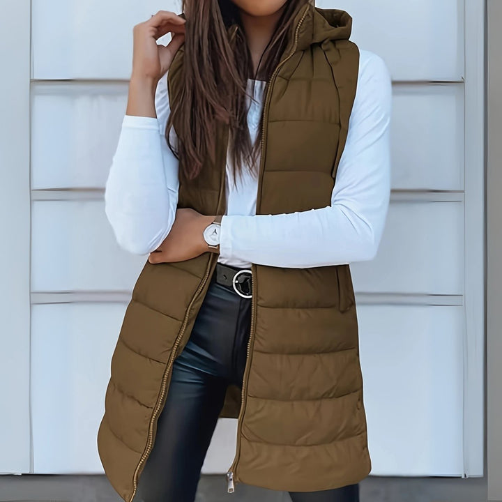 Women's Long Hooded Sleeveless Puffer Vest Lightweight Layering Gilet - Khaki