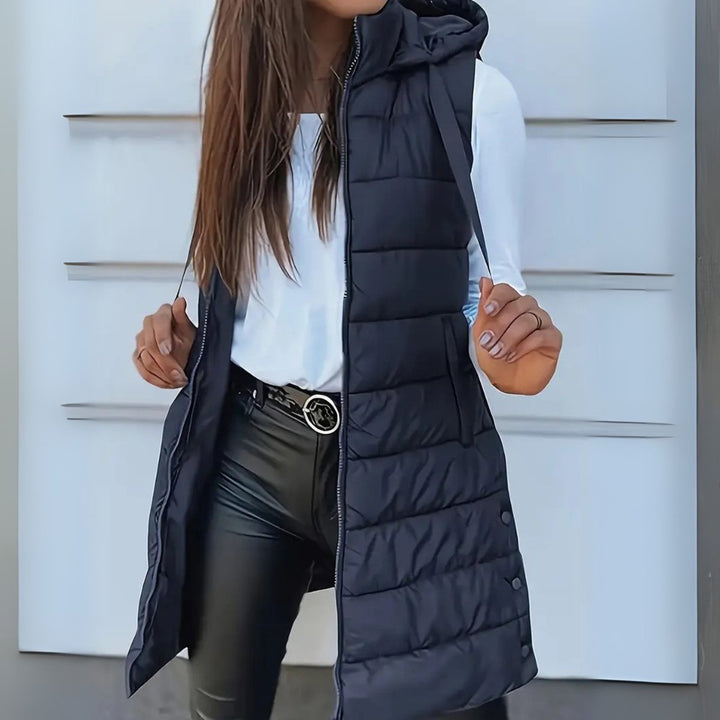 Women's Long Hooded Sleeveless Puffer Vest Lightweight Layering Gilet - Navy Blue