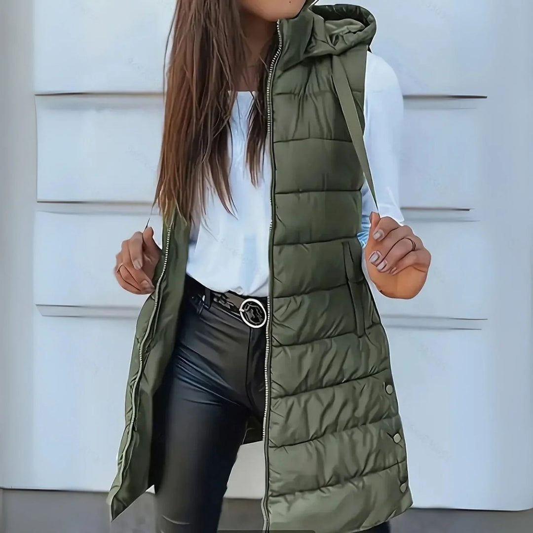 Women's Long Hooded Sleeveless Puffer Vest Lightweight Layering Gilet - Olive Green