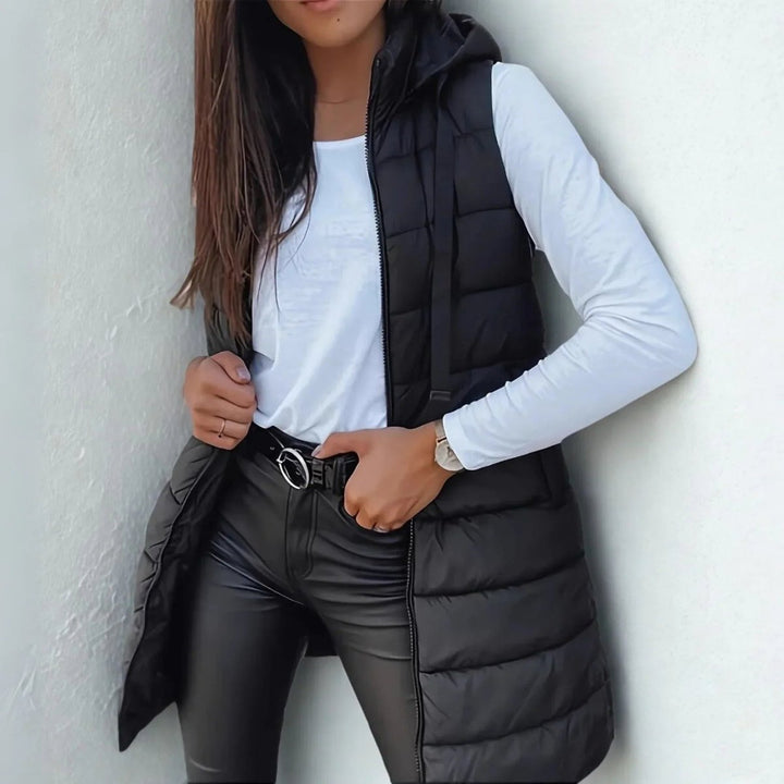 Women's Long Hooded Sleeveless Puffer Vest Lightweight Layering Gilet - Black