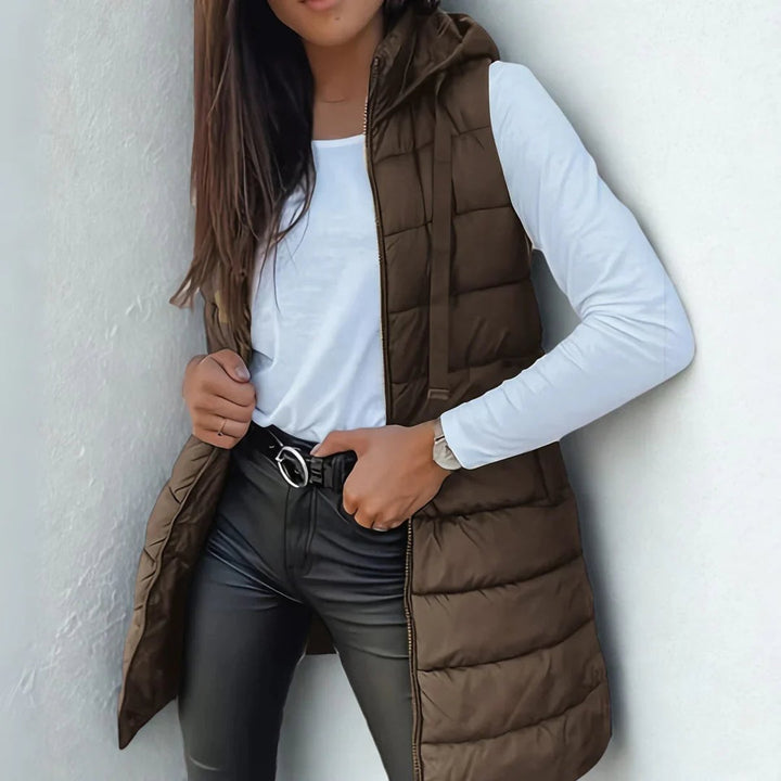 Women's Long Hooded Sleeveless Puffer Vest Lightweight Layering Gilet - Brown