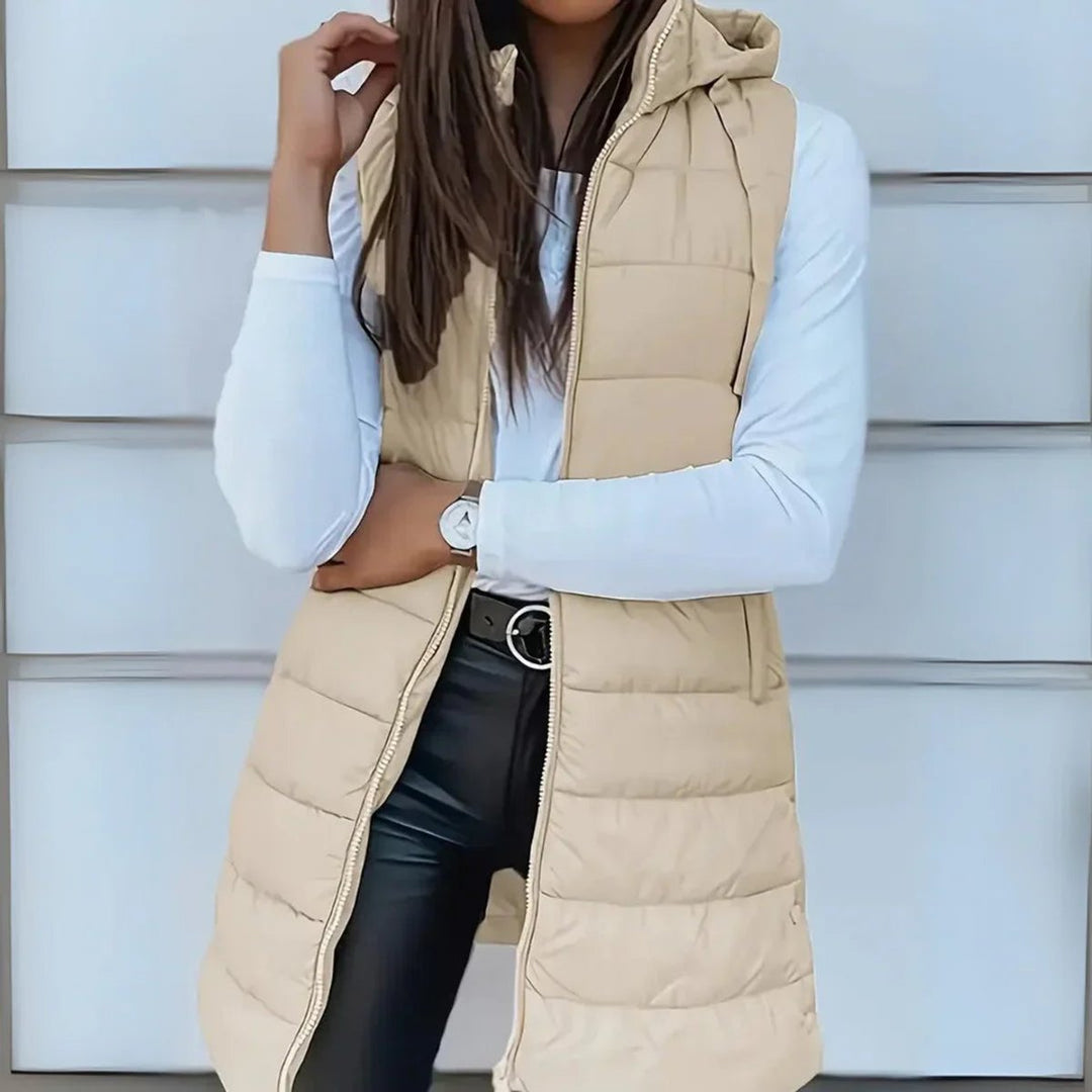 Women's Long Hooded Sleeveless Puffer Vest Lightweight Layering Gilet - Beige